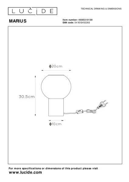 Lucide MARIUS - Lampe de table - Ø 20 cm - 1xE27 - Noir - technique